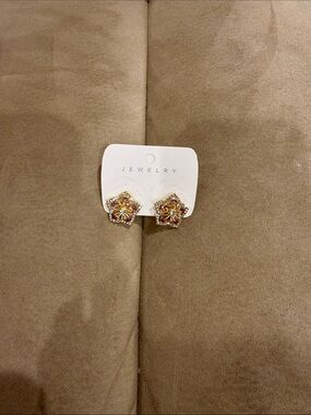 Gold Floral Pink Crystal Stud Earrings - Jewelry